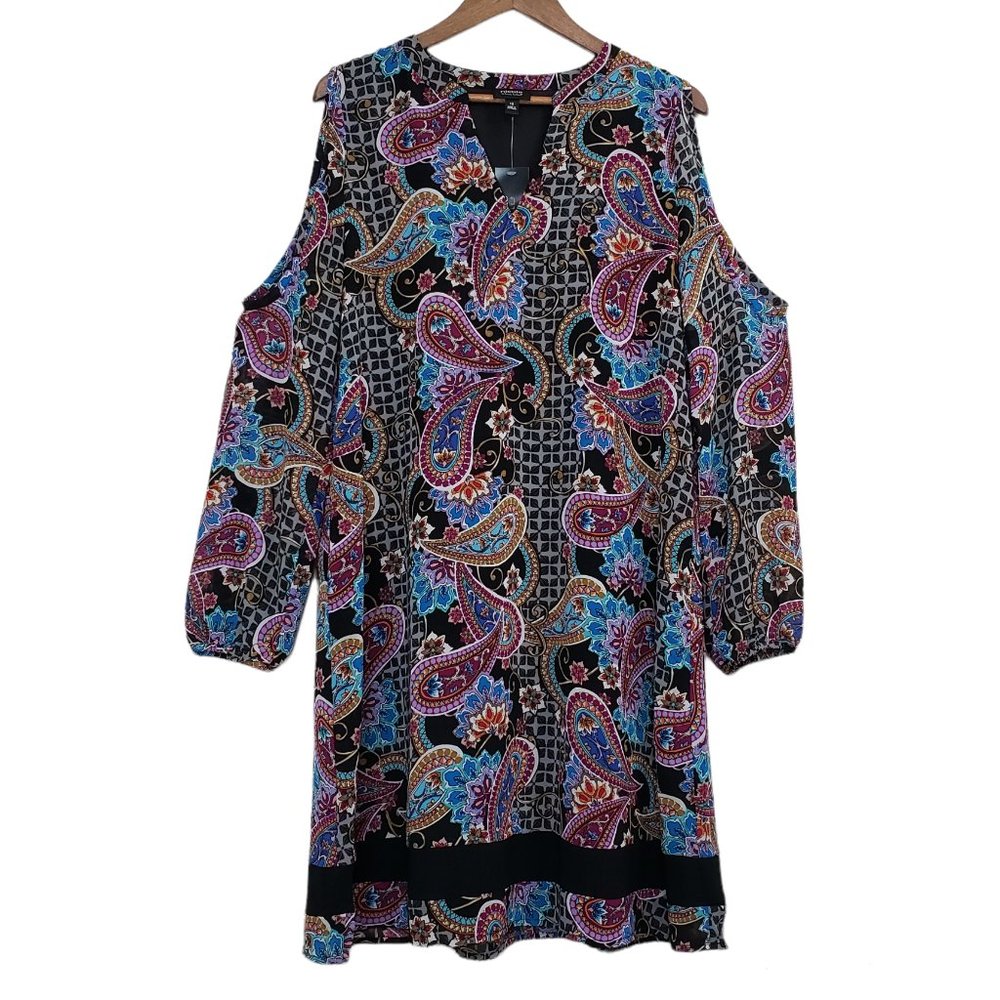 Nicole By Nicole Miller Paisley Boho Long Sleeve Cold Shoulder Dress SZ 14 NWT
